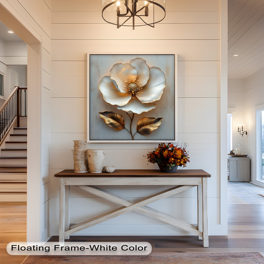 Golden Glow Bloom – White and Gold Flower Oil Painting