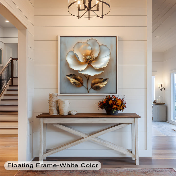Golden Glow Bloom – White and Gold Flower Oil Painting