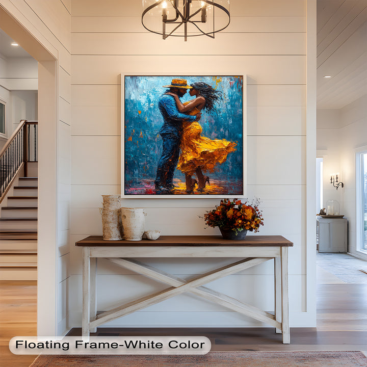 Midnight Embrace – Vibrant Couple in Yellow Dress Oil Painting