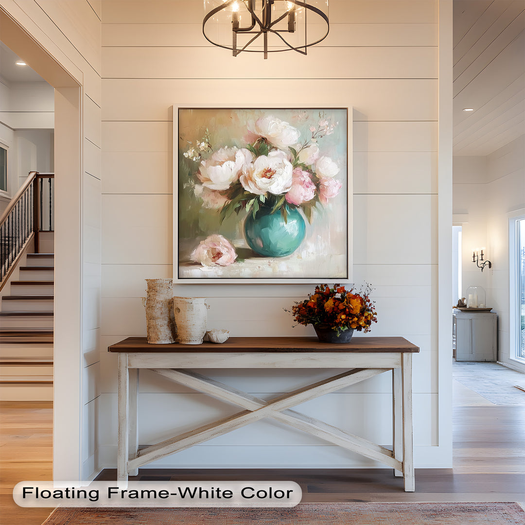 Blushing Peonies in Jade Vase – Romantic Flower Oil Painting