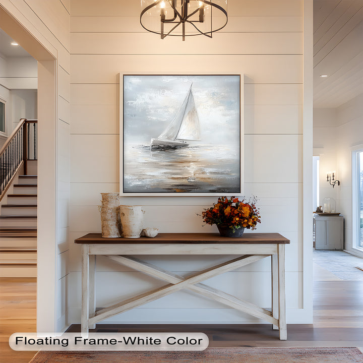Sailing Through the Mist – White Boat Oil Painting