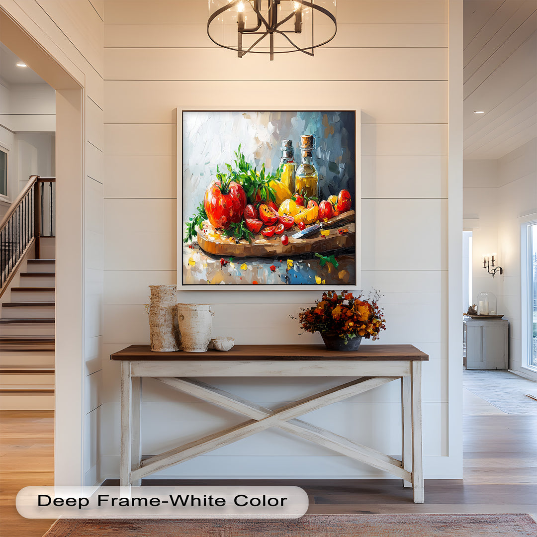 Tomato & Olive Oil Kitchen Art – Colorful Framed Oil Painting