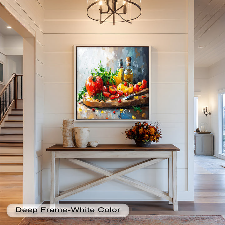 Tomato & Olive Oil Kitchen Art – Colorful Framed Oil Painting