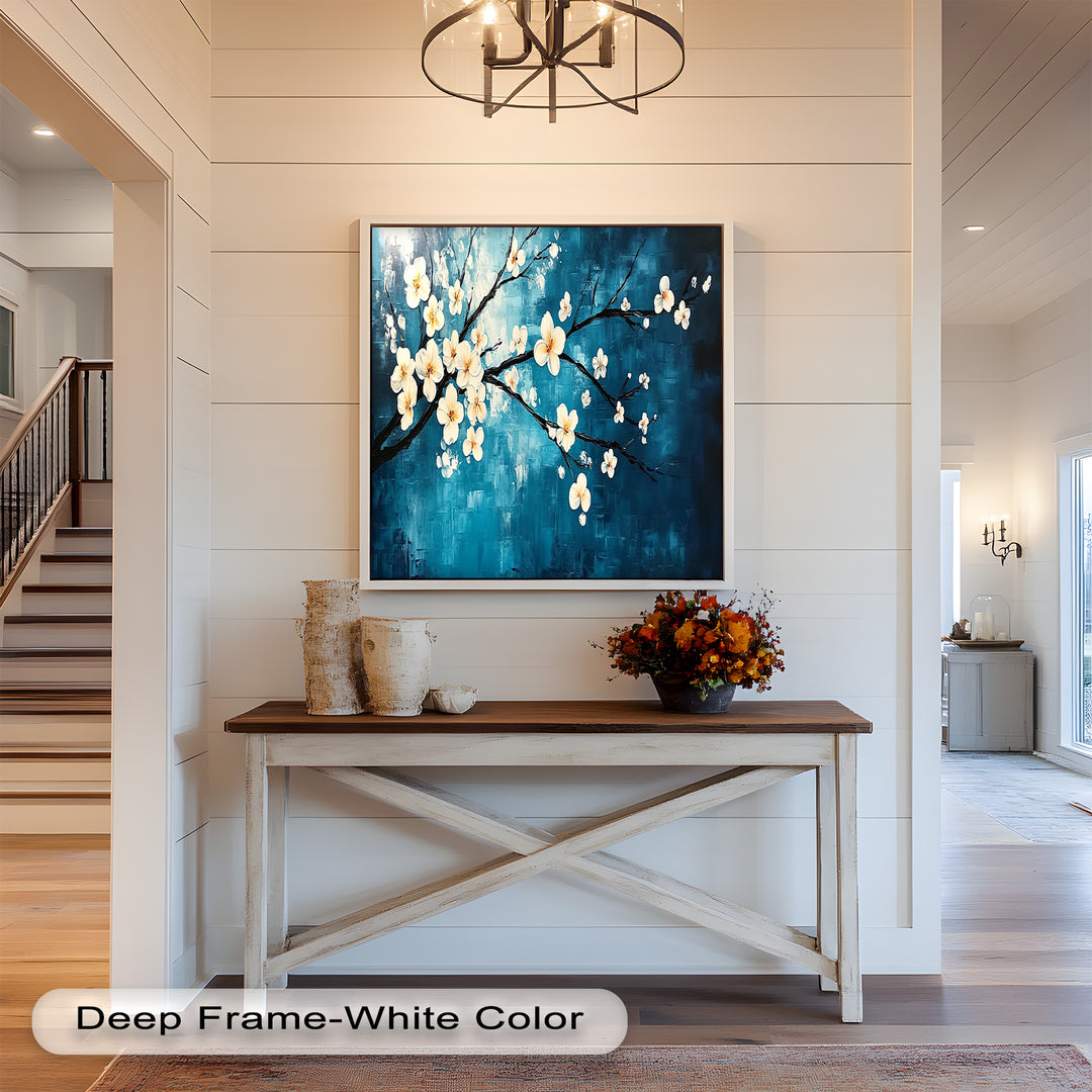 White Blossoms on Blue Wall Art – Floral Oil Painting