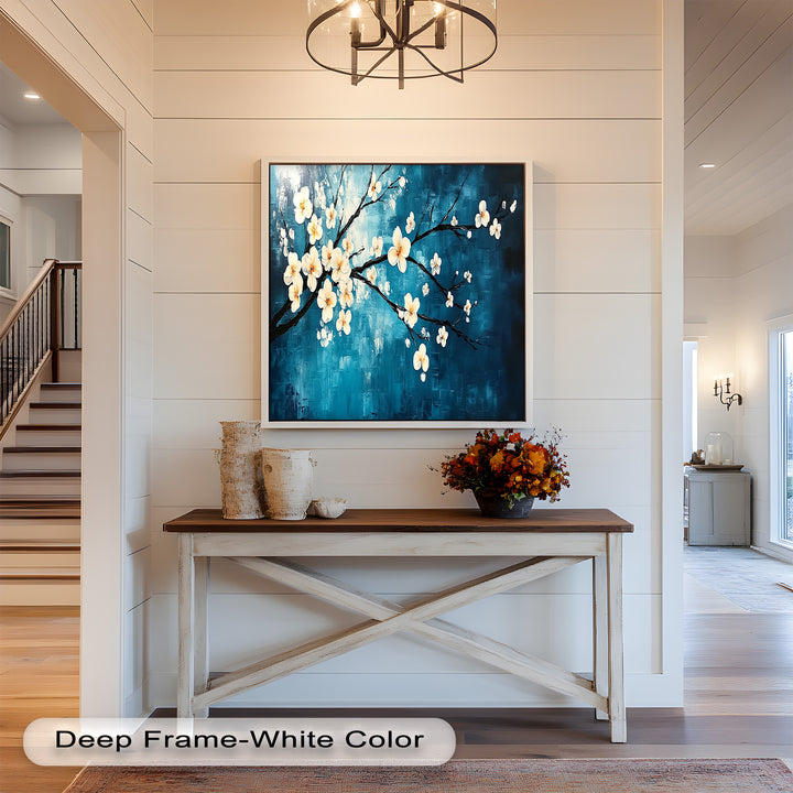 White Blossoms on Blue Wall Art – Floral Oil Painting