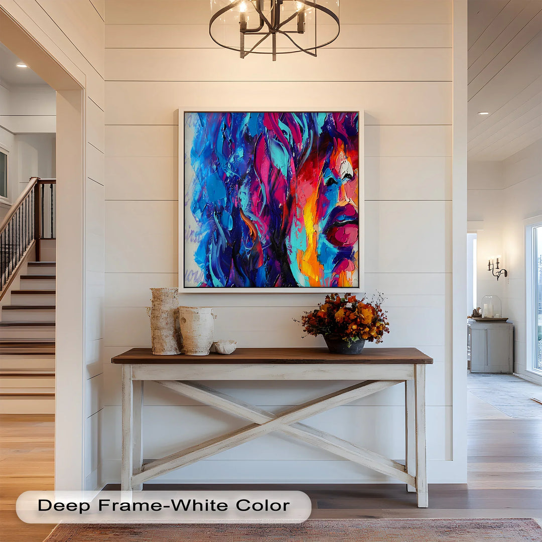 A dynamic and modern abstract painting portraying a fragmented human face, infused with electric hues and thick, dramatic brushstrokes