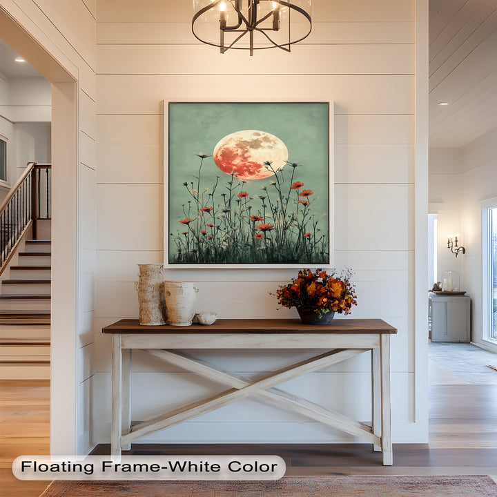 Celestial Wildflowers – Full Moon Over Red Meadow Blooms Oil Painting