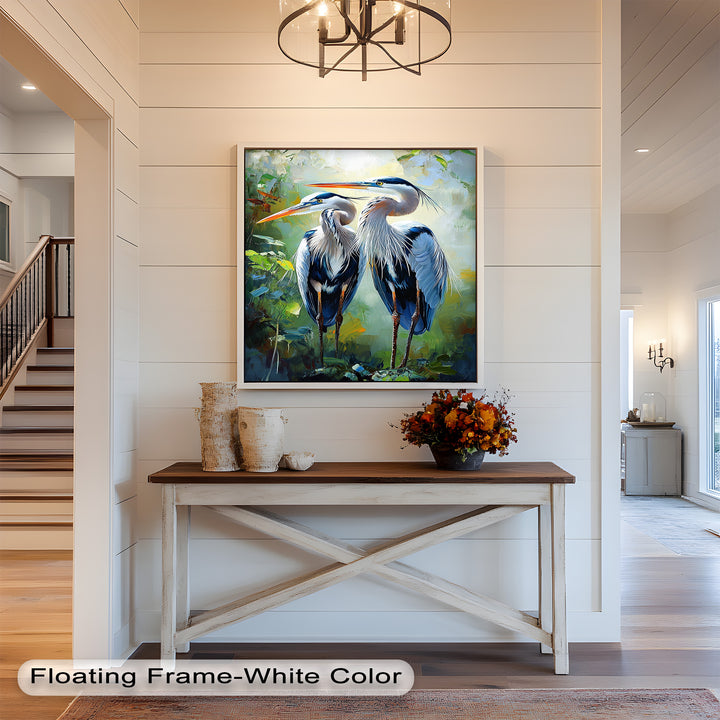 Pair of Herons in Forest Light – Animal Oil Painting