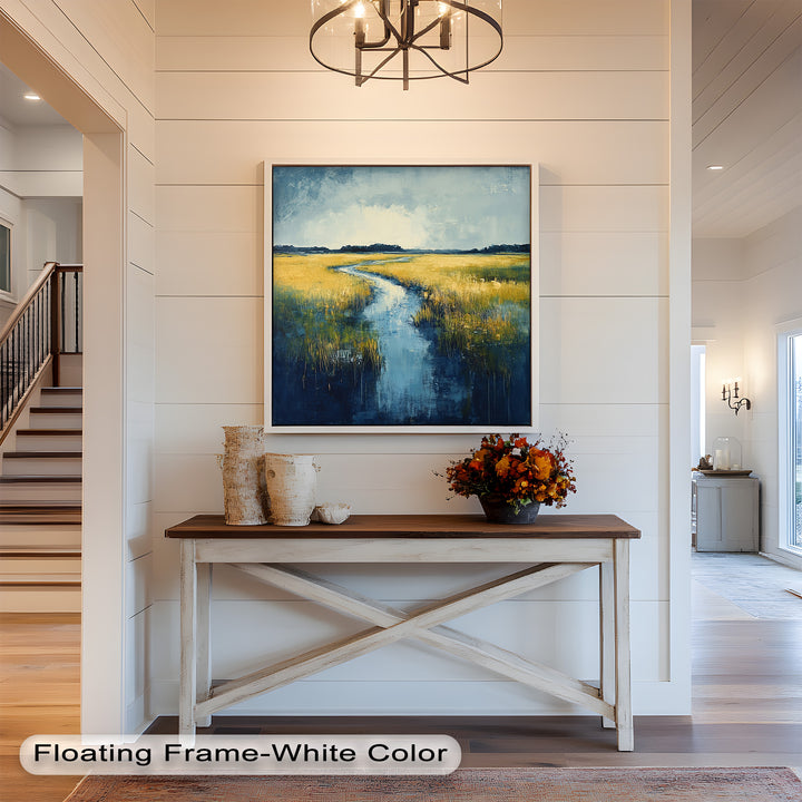 Golden Fields and Blue Stream – Contemporary Landscape Oil Painting