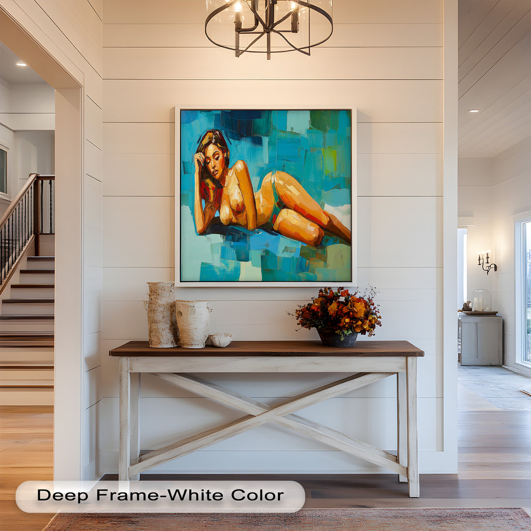 Tropical Repose – Reclining Woman with Ocean Tones Oil Painting