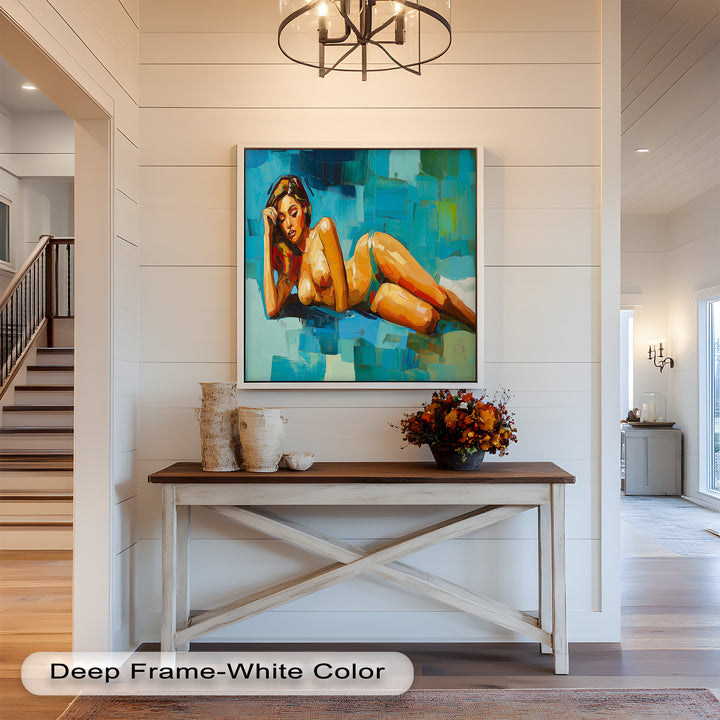 Tropical Repose – Reclining Woman with Ocean Tones Oil Painting