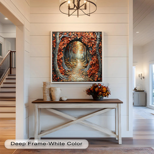 Gentle light filters through the autumn path, creating a soft glow in this enchanted forest oil painting decoration, highlighting the vibrant fall foliage.