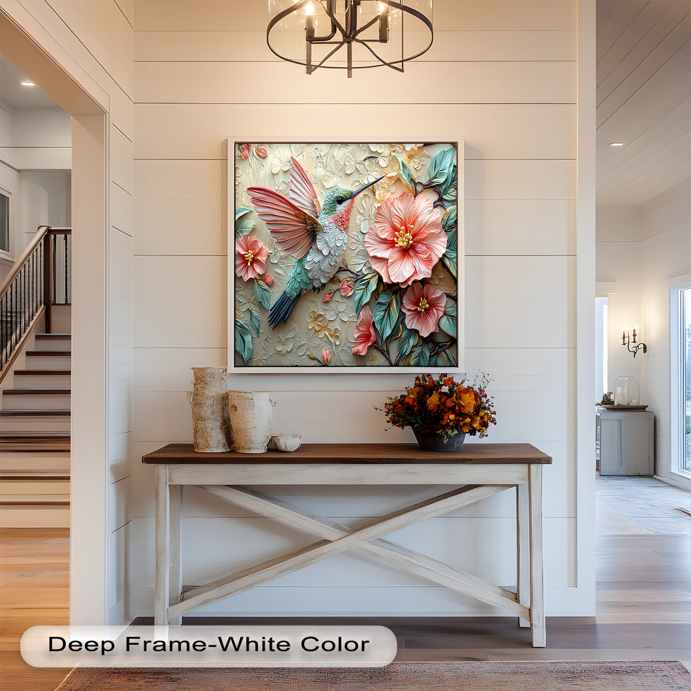A beautifully textured wall art piece showcasing an elegant hummingbird with outstretched wings, set against intricately crafted flowers and leaves.