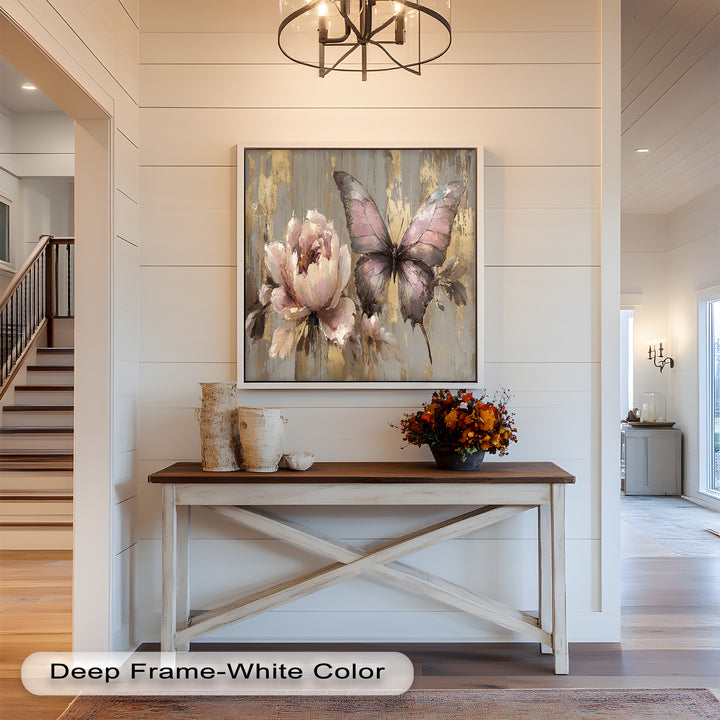 Timeless flower and butterfly composition with muted tones and rustic gold accents.
