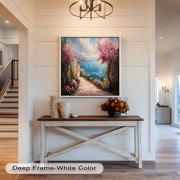 Incredible Sea Street & Spring Blossoms – Coastal Charm Oil Painting