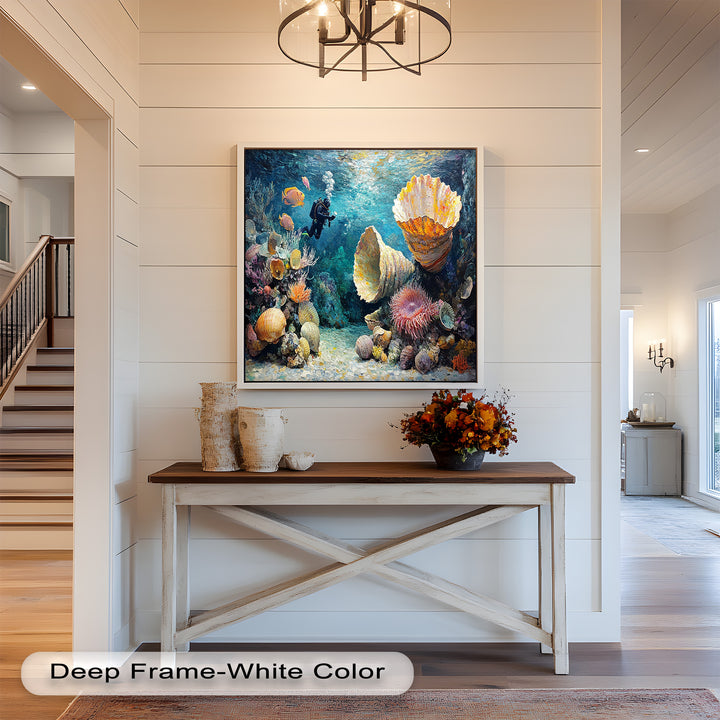 Diver Exploring Coral Reefs with Giant Shells - Animal Oil Painting