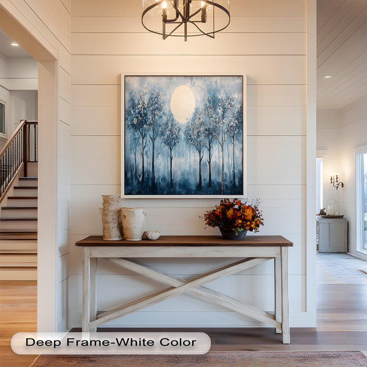 Let the allure of moonlight transform your space with this enchanting forest oil painting. Featuring ethereal trees bathed in blue mist, this framed wall art brings a sense of tranquility and depth, ideal for contemporary or nature-inspired décor.

