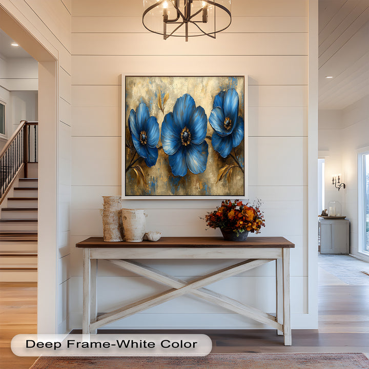 Golden Beige Elegance – Royal Blue Floral Trio Flower Oil Painting
