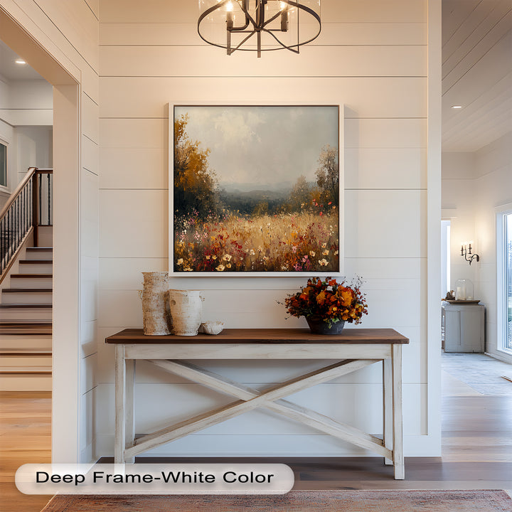 The charm of a sunlit meadow comes to life as wildflowers in shades of crimson, ivory, and gold sway gently, complementing the rich textures of the distant forest.