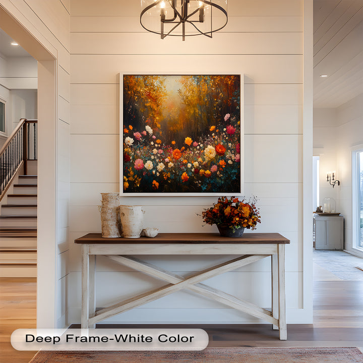 A stunning celebration of seasonal color, this piece invites viewers into a dreamlike woodland garden bursting with autumn magic.