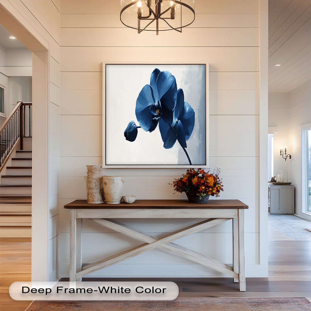 Modern botanical painting of deep blue orchids in bloom.
