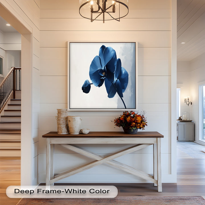Modern botanical painting of deep blue orchids in bloom.
