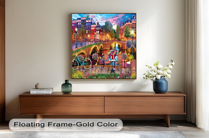 Framed artwork showcasing Amsterdam’s picturesque canals, a cozy café setting, and blooming flowers, bringing European charm to any space
