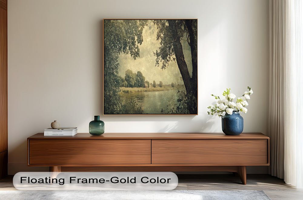 Tranquil countryside artwork with distant homes and reflective water.
