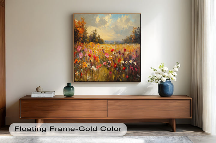 Floral oil painting capturing a golden hour meadow scene.
