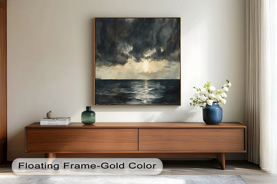The organic forms of clouds and sea define this dramatic seascape oil painting art piece, capturing a stormy ocean sunset.