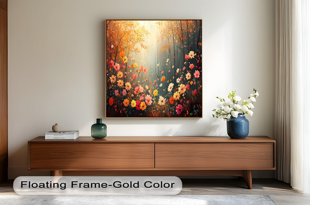 Blooming wildflowers in a golden autumn woodland scene.
