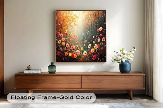 Highlighting the abstract quality, the colorful floral Blooming Forest Light demonstrates a stunning oil painting art piece with vibrant reds and yellows mingling in an ethereal woodland scene.