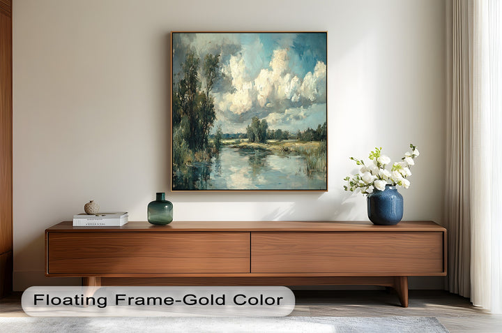 Serene nature artwork with peaceful waters and sunlit meadow trees.
