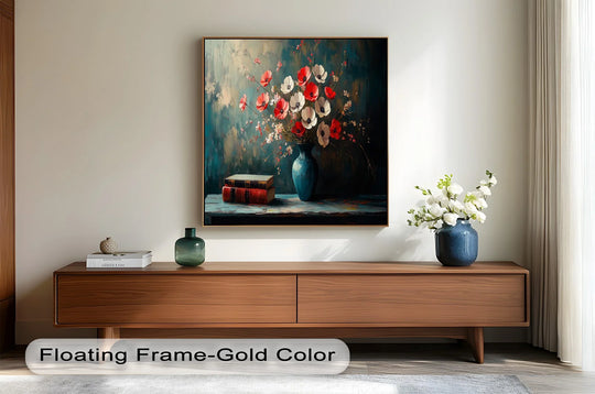 Organic forms of vibrant flowers in a botanical oil painting art prints showcase their rich details, adding natural beauty to the vase with books.