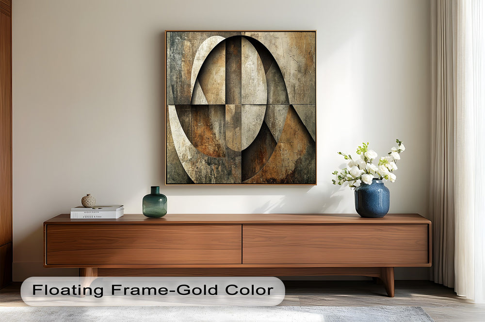 Textured modern abstract painting featuring bold arcs and rustic stone hues.
