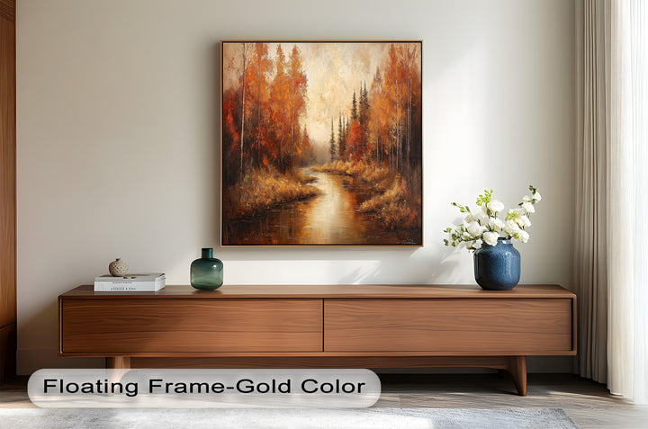 Warm-toned landscape artwork with autumn trees and tranquil water.

