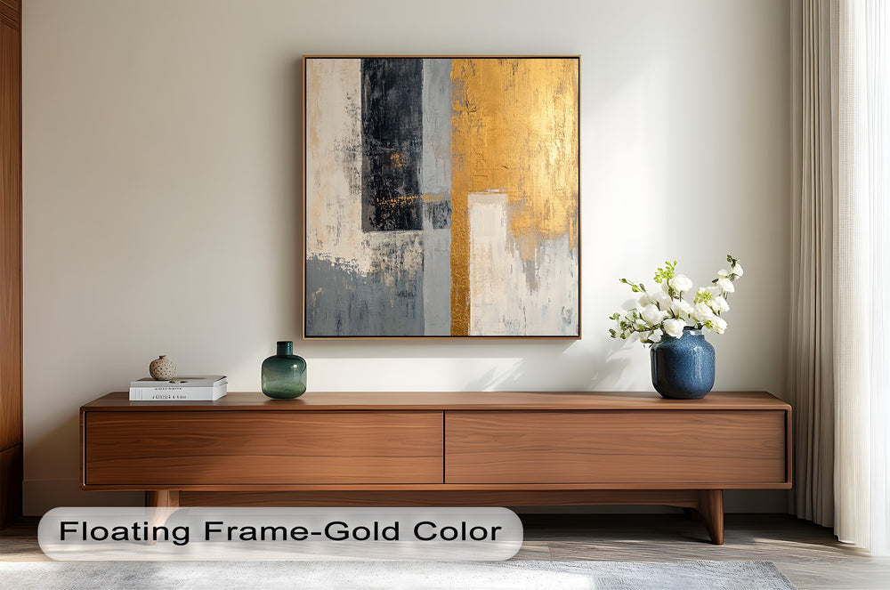 Modern geometric wall art featuring gold foil accents and rough textures.
