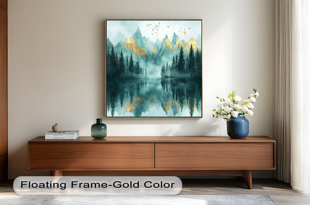 Foggy forest artwork featuring shimmering gold-accented summits.

