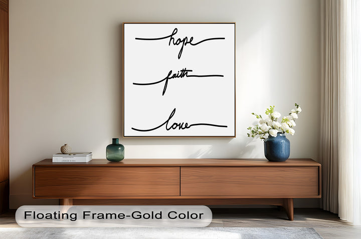 Elegant line art typography featuring hope faith and love.
