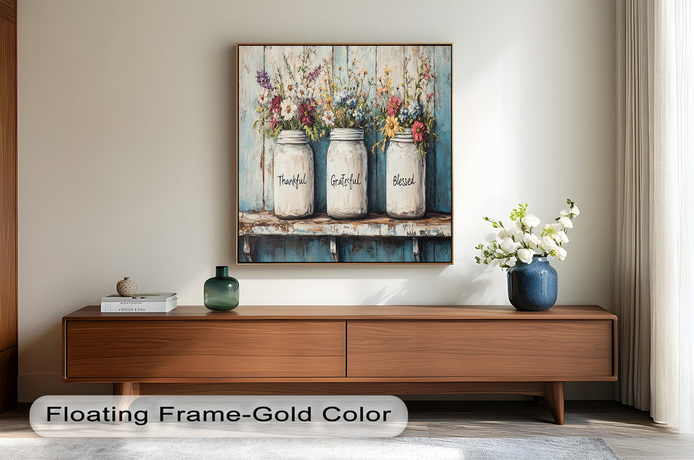 Country farmhouse painting featuring wildflowers in vintage jars.
