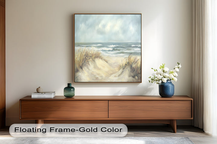 Soft pastel beach scene featuring ocean horizon and dunes.
