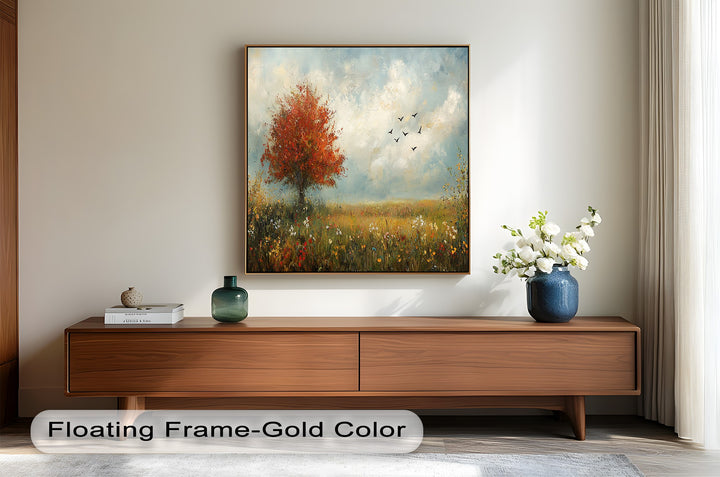 Peaceful countryside art with fall foliage and colorful blooms.
