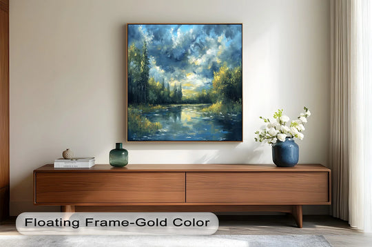 Deep layers in the oil painting artwork capture a forest river scene with sunlight filtering through the trees in this nature oil painting.