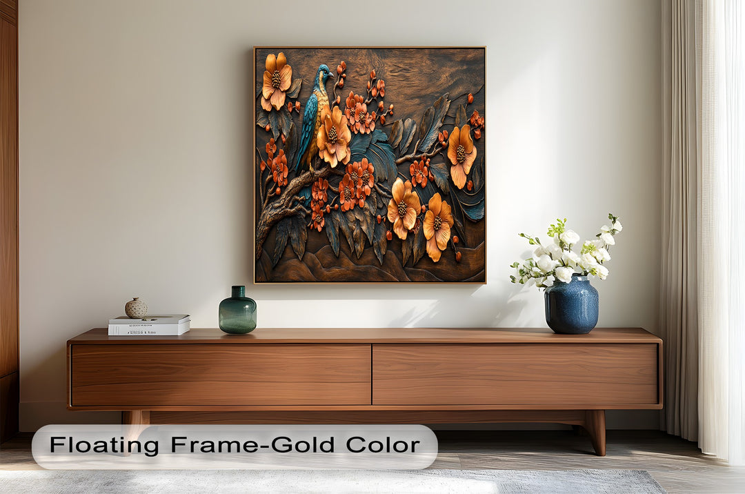 Elegant botanical carving with vibrant bird and sculpted flowers.
