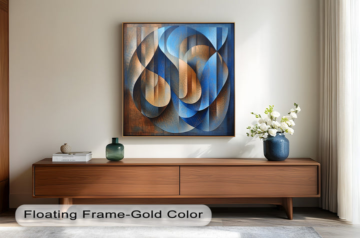 Contemporary geometric painting featuring layered curves and earthy contrast.

