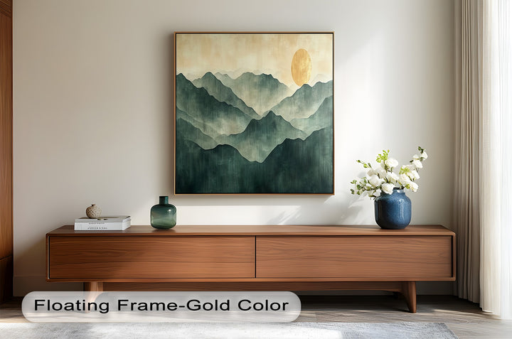 Abstract nature painting with serene peaks and metallic sun detail.
