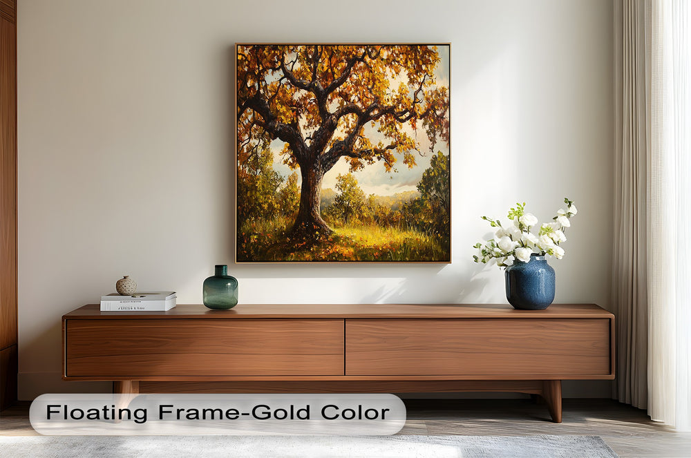 Majestic autumn tree with sprawling branches and golden leaves.
