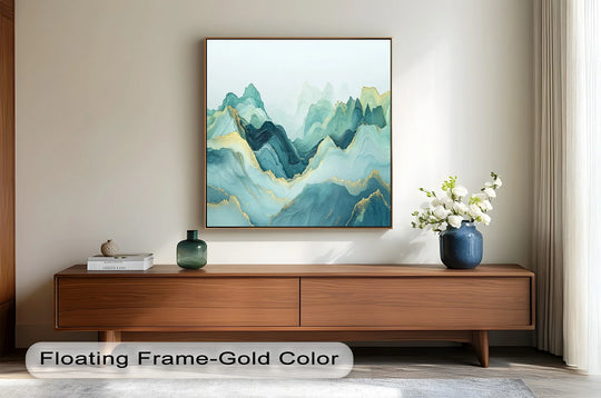 Flowing gold accents highlight the softest part of this abstract covered peaks mountain landscape oil painting art piece, a tranquil addition to any room.