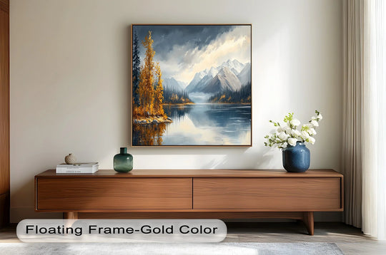 Serene mood captured in this golden autumn lake mountain landscape oil painting art piece, evoking feelings of calm and reflection with its tranquil waters.
