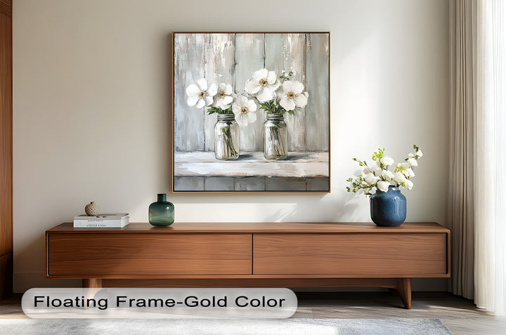 Vintage-inspired flower painting with white petals and glass jars.
